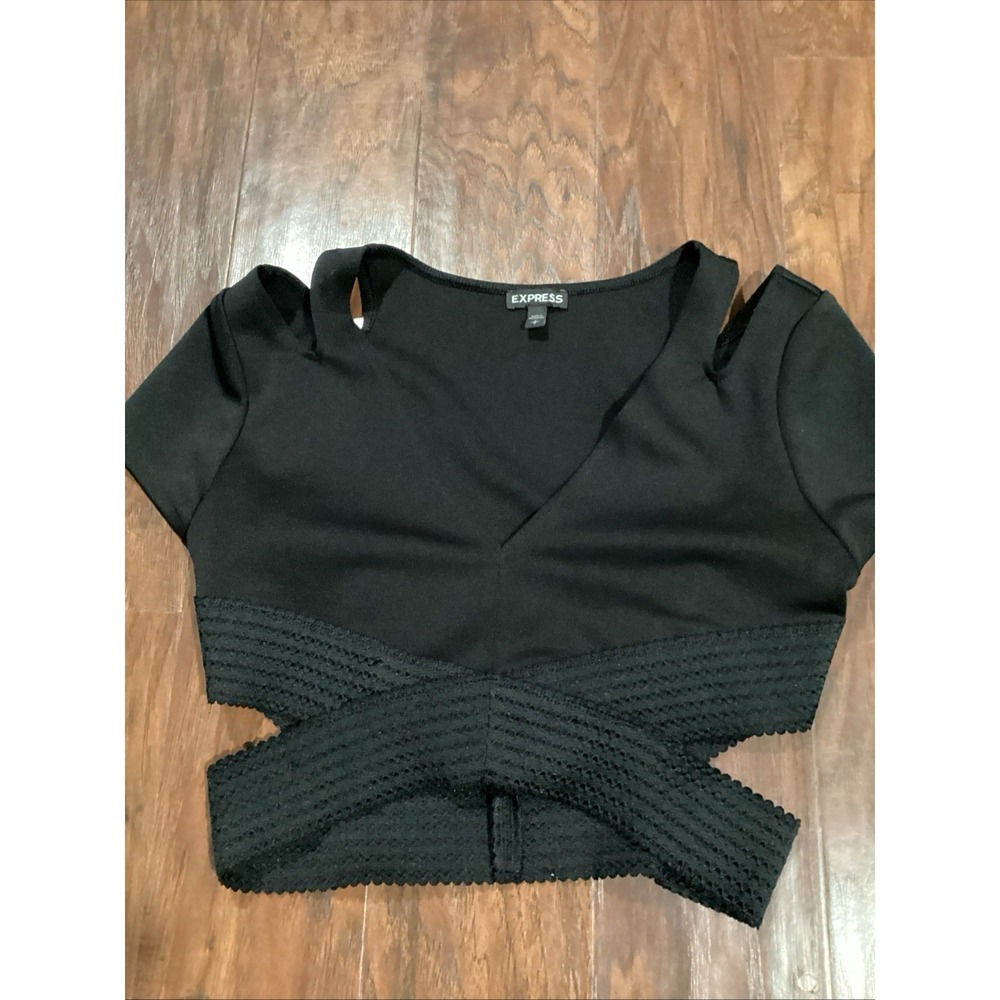Express Womens Black Cold Shoulder Bandage Wrap Hem Crop Top V-Neck Small